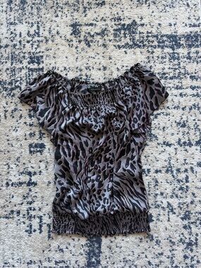 Smocked Off-Shoulder Animal-Print Camisole in Black and Gray